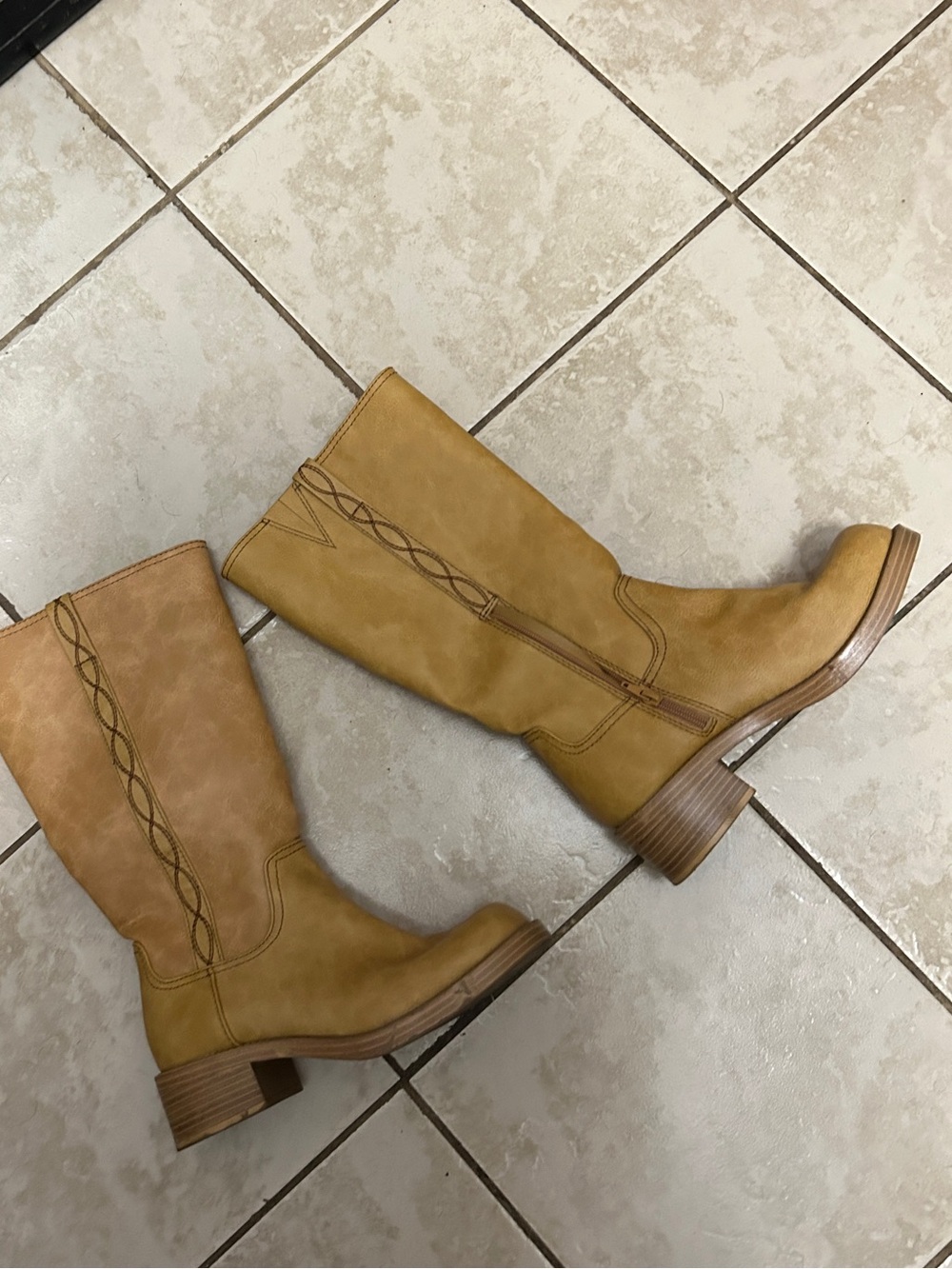 NOBO Tan Mid-Calf Braided-Detail Heeled Boots